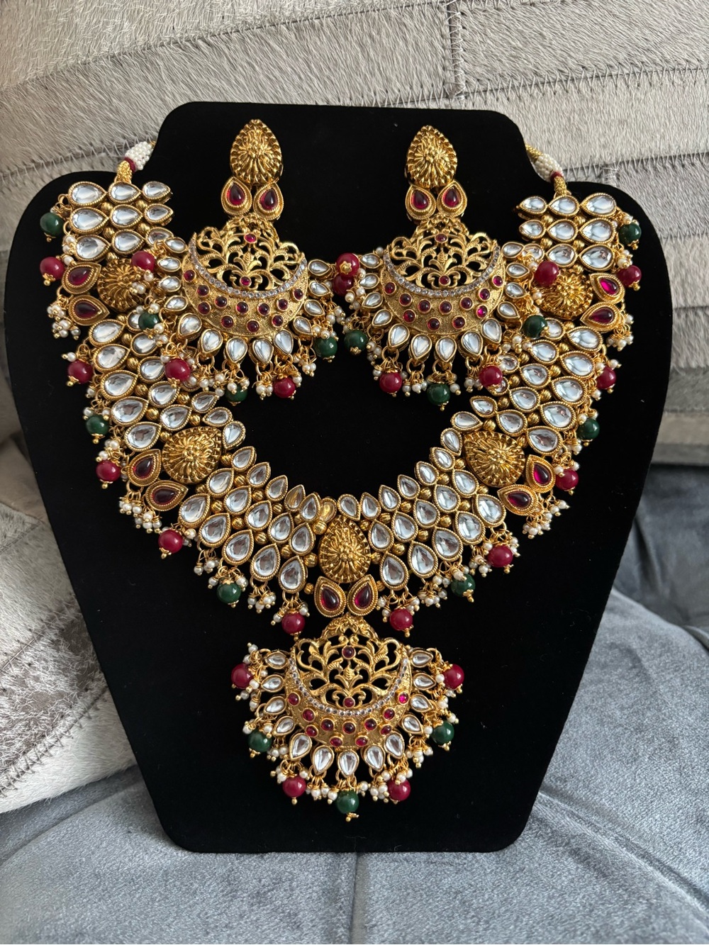 Traditional Gold-Tone Kundan Necklace Set with Red & Green Accents